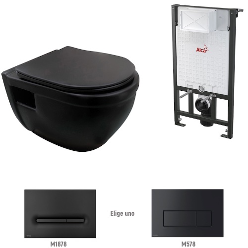 Paquete WC Suspendido, Asiento, Tanque y Pulsador