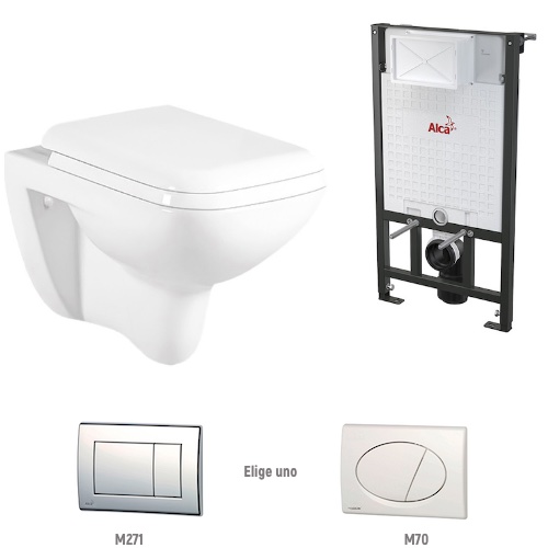 Paquete WC Suspendido, Asiento, Tanque y Pulsador